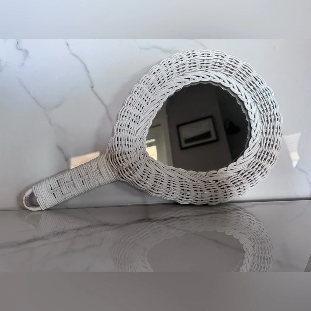 Vintage White Wicker Hand Mirror